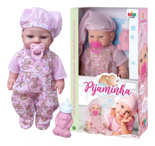 Boneca Bebê Meu Pijaminha Hora Dormir Chupeta E Mamadeira