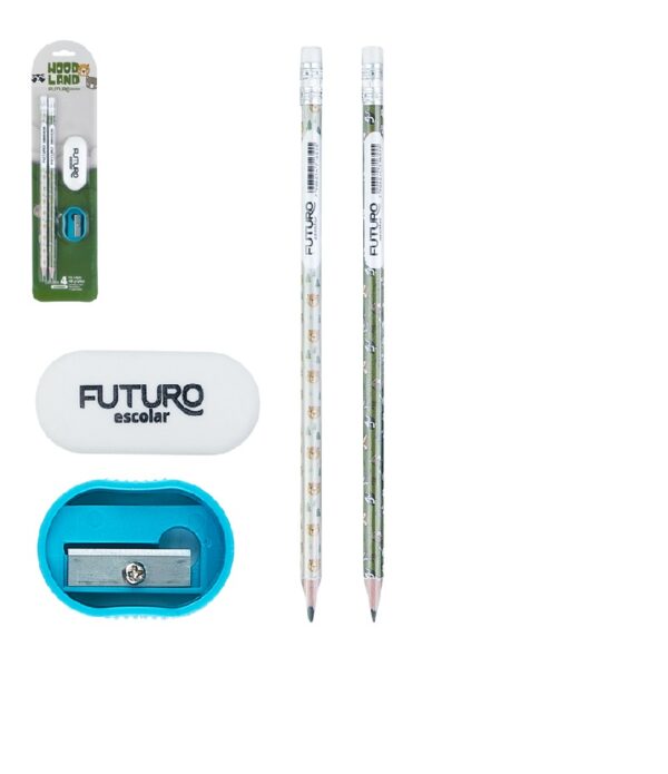 Kit Escolar 2 Lápis HB + 1 Borracha + 1 Apontador Wood Land