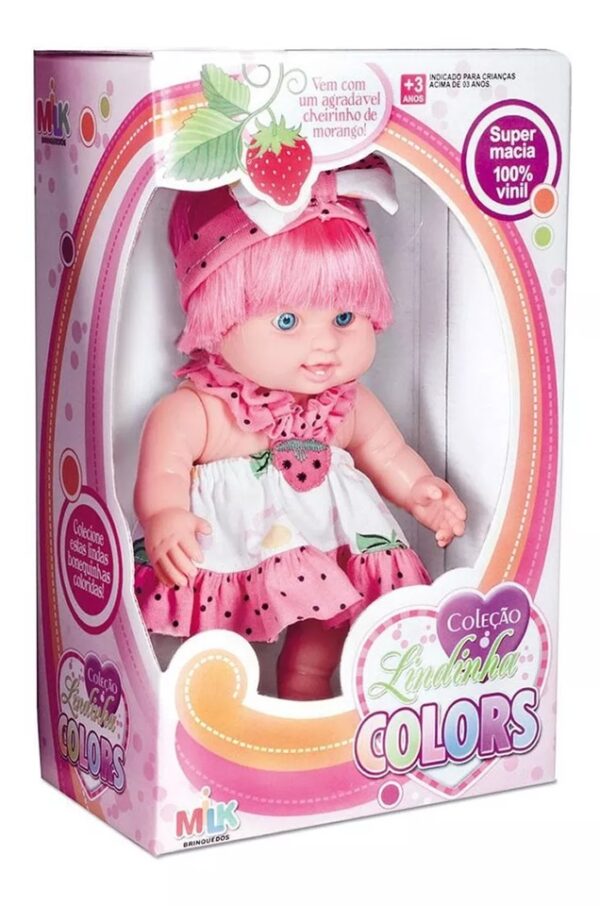 Boneca Lindinha Colors Com Tiara e Laço Cheirinho de morango - Milk