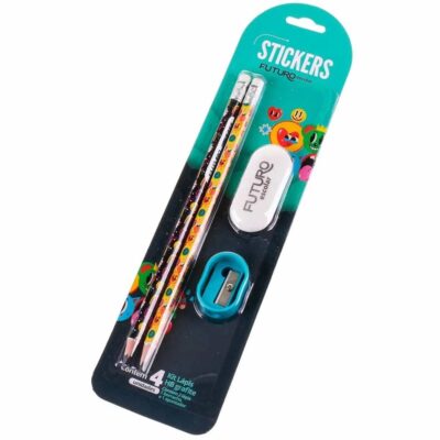 Kit Escolar 2 Lápis HB + 1 Borracha + 1 Apontador Stickers – Futuro